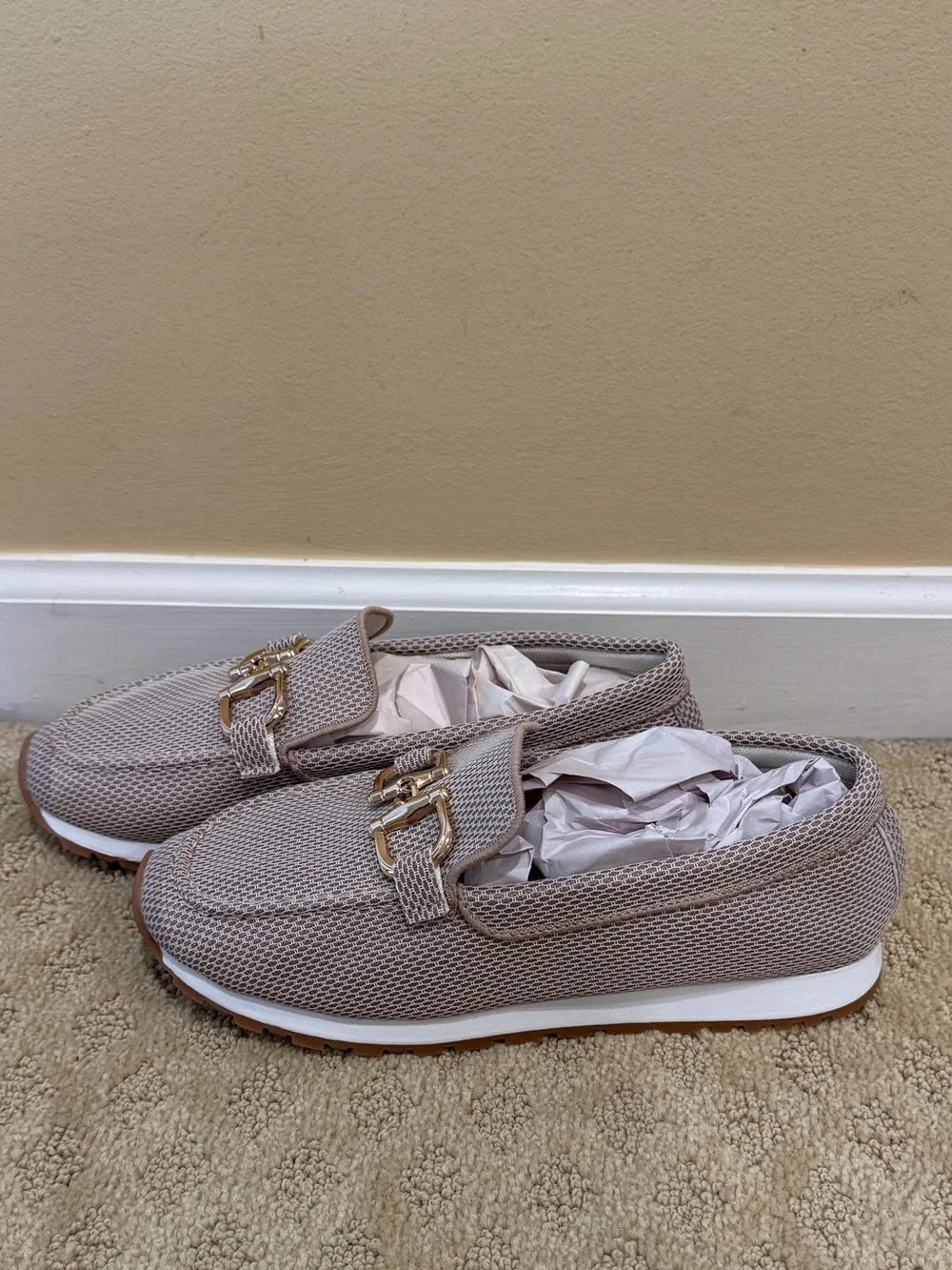 ComfortMesh Taupe Slip-On Loafers with Gold Accent